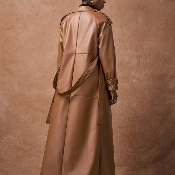 Brown Elegant Women's Long Trench Coat With Pockets - Picture 2 of 8
